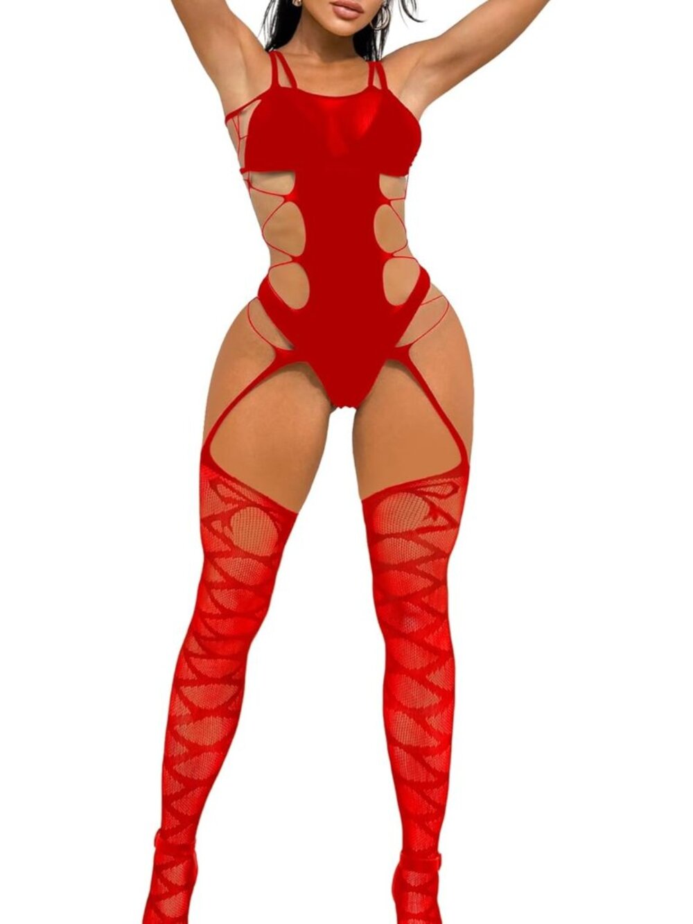 Women's Red Casual Sparkle Rhinestone Fishnet Sleeveless Lingerie Sets